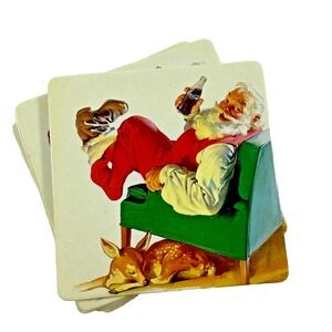 Coca Cola Christmas Coasters‎ Set Of 7 Santa With Baby Deer Y2K Vintage